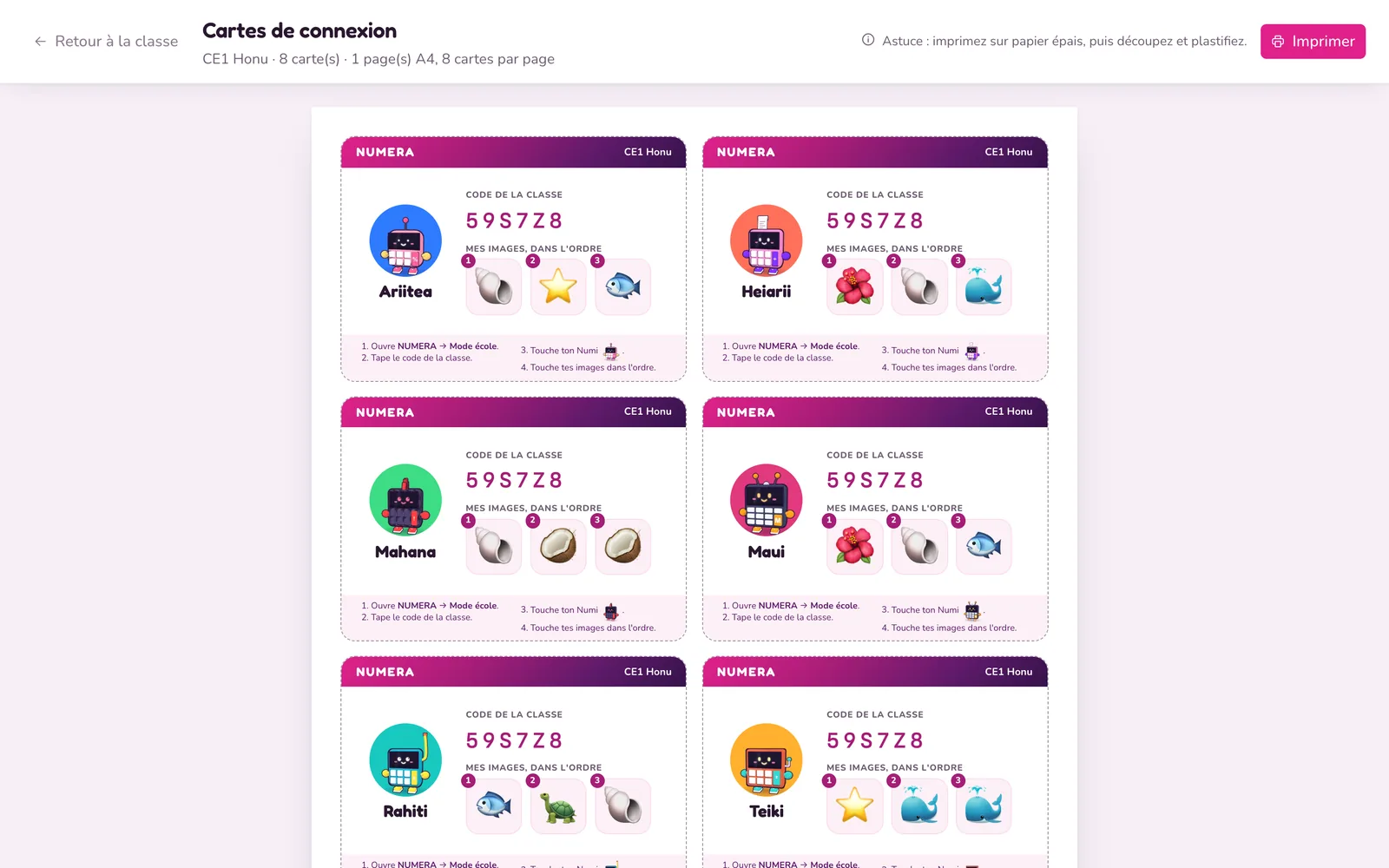 Les cartes de connexion des élèves, prêtes à imprimer