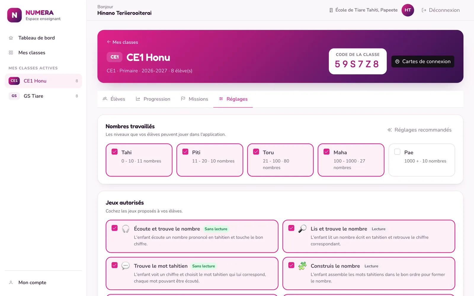 Les réglages d’une classe : nombres travaillés et jeux autorisés